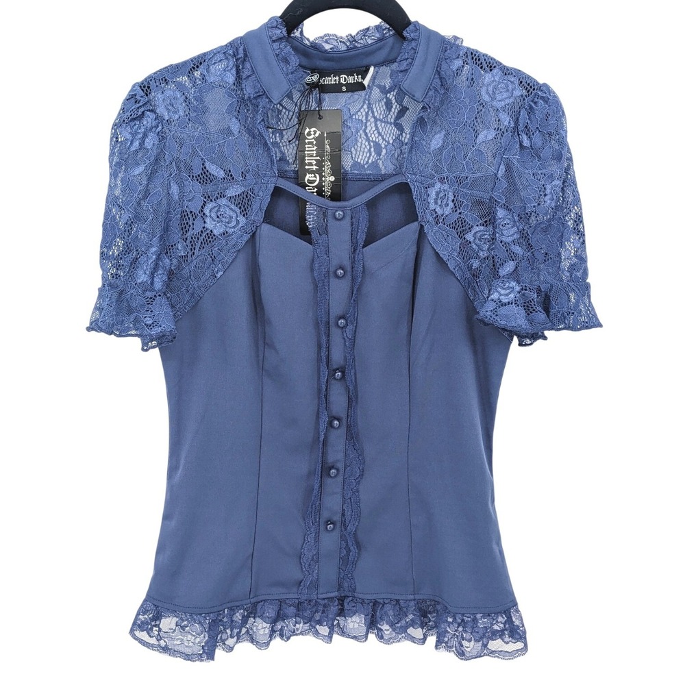 Scarlet Darkness Whimsygoth Top Womens Small Blue Lace Coquette Steampunk Blouse